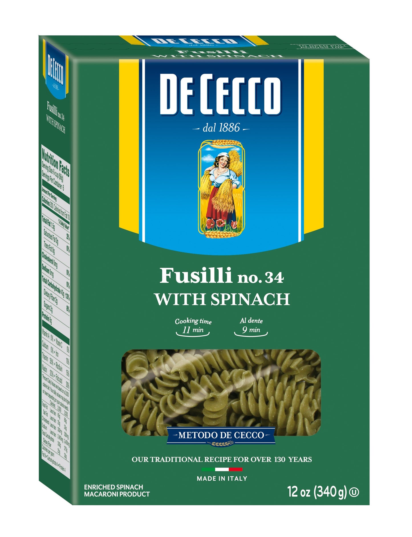 De Cecco No. 34 Fusilli With Spinach; 0.75 Pounds; 12 Per Case