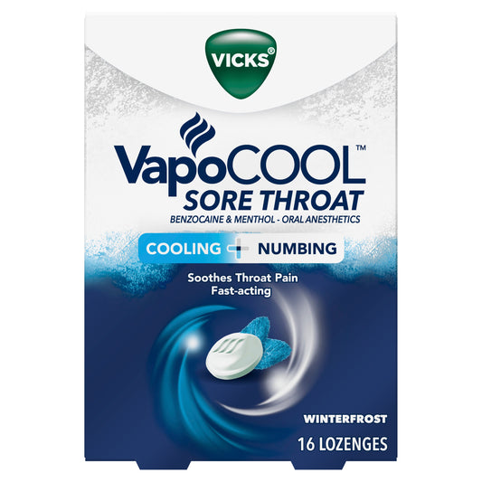 Vicks Vapocool Sore Throat Relief Lozenges; Fast-Acting; Winterfrost; 16 Count; 6 Per Box; 4 Per Case - High Mart Wholesale