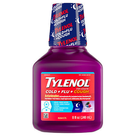 Tylenol Cold Flu Wildberry Cough Syrup 8 Ounce Bottle; 8 Fluid Ounces; 3 Per Box; 8 Per Case