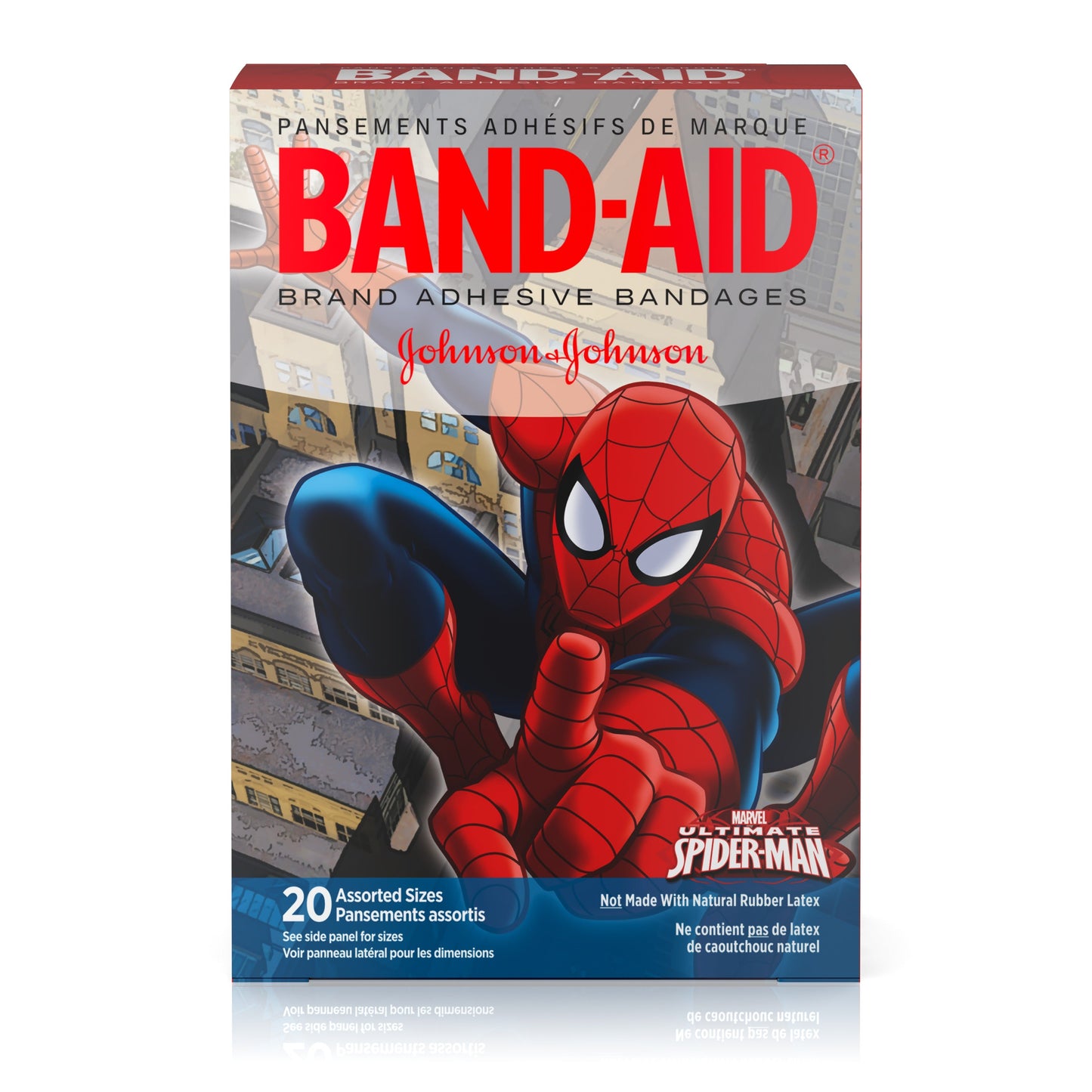 Band Aid Spiderman Assorted Sizes Bandage; 20 Count; 6 Per Box; 4 Per Case - High Mart Wholesale
