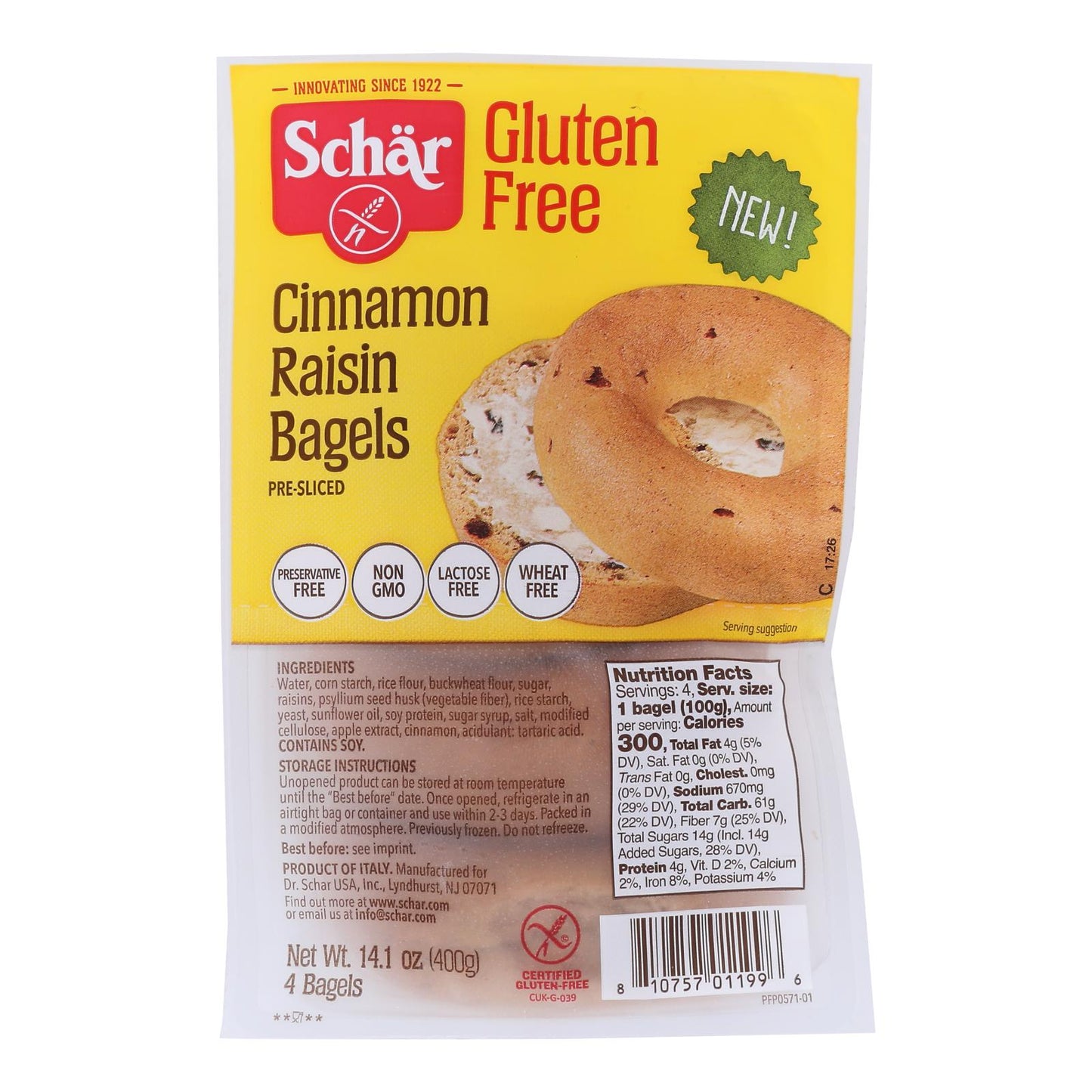 Schar Gluten Free Cinnamon Raisin Bagel; 14.1 Ounces; 4 Per Case - High Mart Wholesale