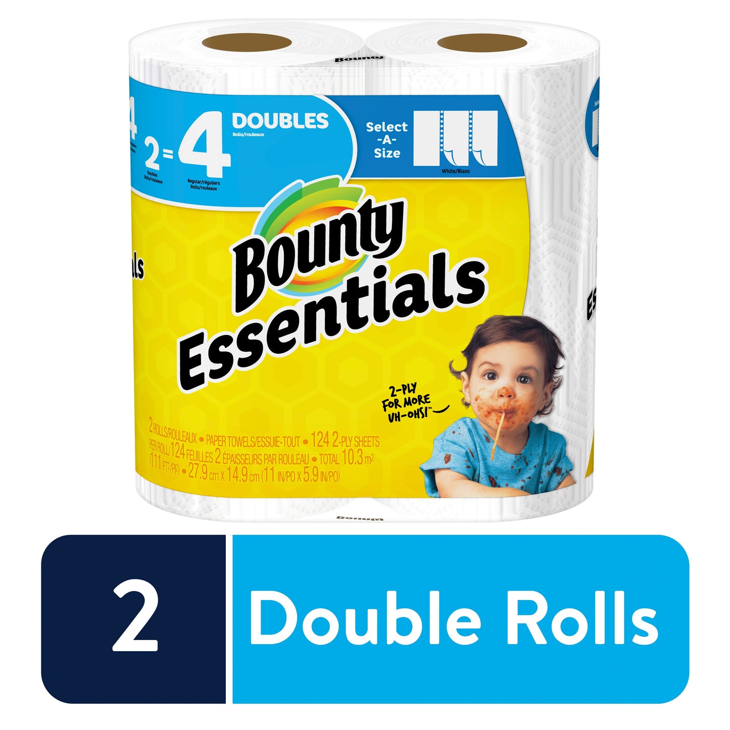 Bounty Essentials Select-A-Size Paper Towels; White; 2 Double Rolls = 4 Regular Rolls; 111 Square Foot; 6 Per Case