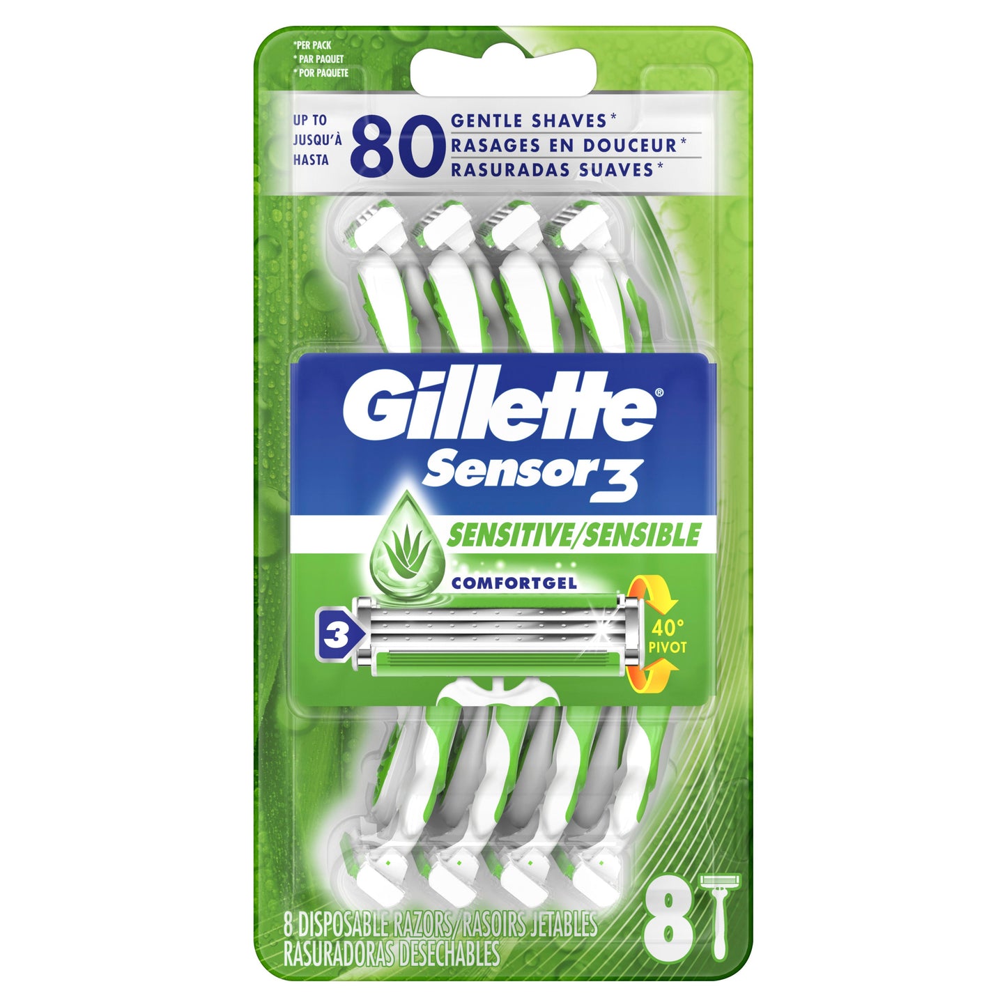 Gillette Sensor 3 Base Elastomer Handle Razor Blade; 8 Count; 4 Per Box; 3 Per Case - High Mart Wholesale