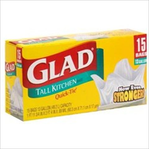 Glad Tall Quick Tie 13 Gallon Trash Bags; 15 Count; 12 Per Case