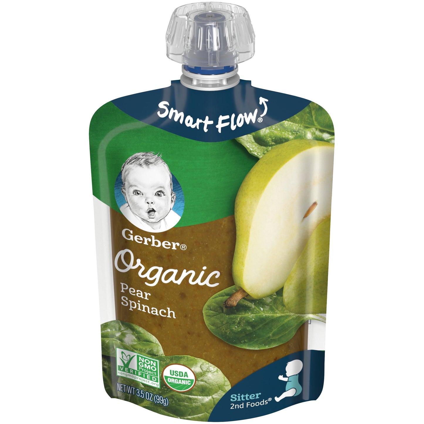 Gerber Organic Non-Gmo Pear Spinach Puree Baby Food Pouch; 3.5 Ounce; 6 Per Box; 2 Per Case