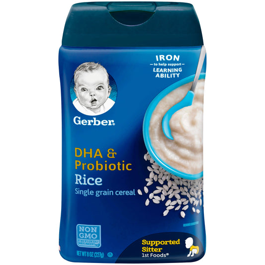 Gerber Dha And Probiotic Non-Gmo Single Grain Rice Cereal Baby Food Carton With Iron; 8 Ounce; 3 Per Box; 2 Per Case