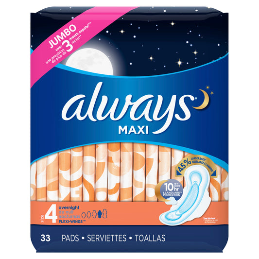 Always Maxi Pads Overnight With Wings; 33 Count; 6 Per Case