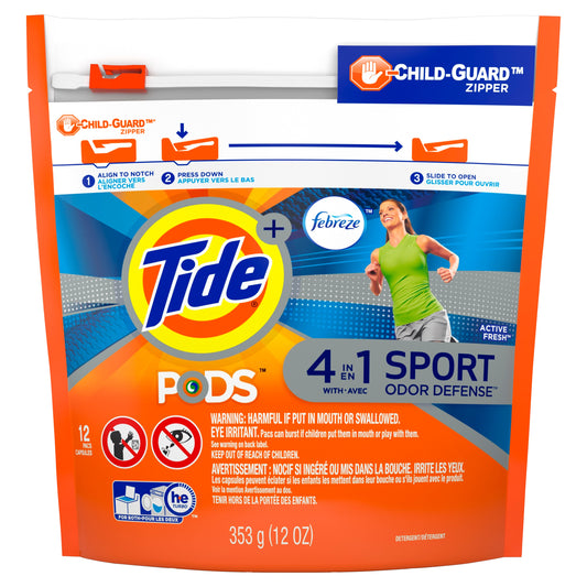 Tide Tide Pods Plus Febreze; Sport Odor Defense Liquid Laundry Detergent Pacs; Active Fresh Scent; 12 Count; 6 Per Case