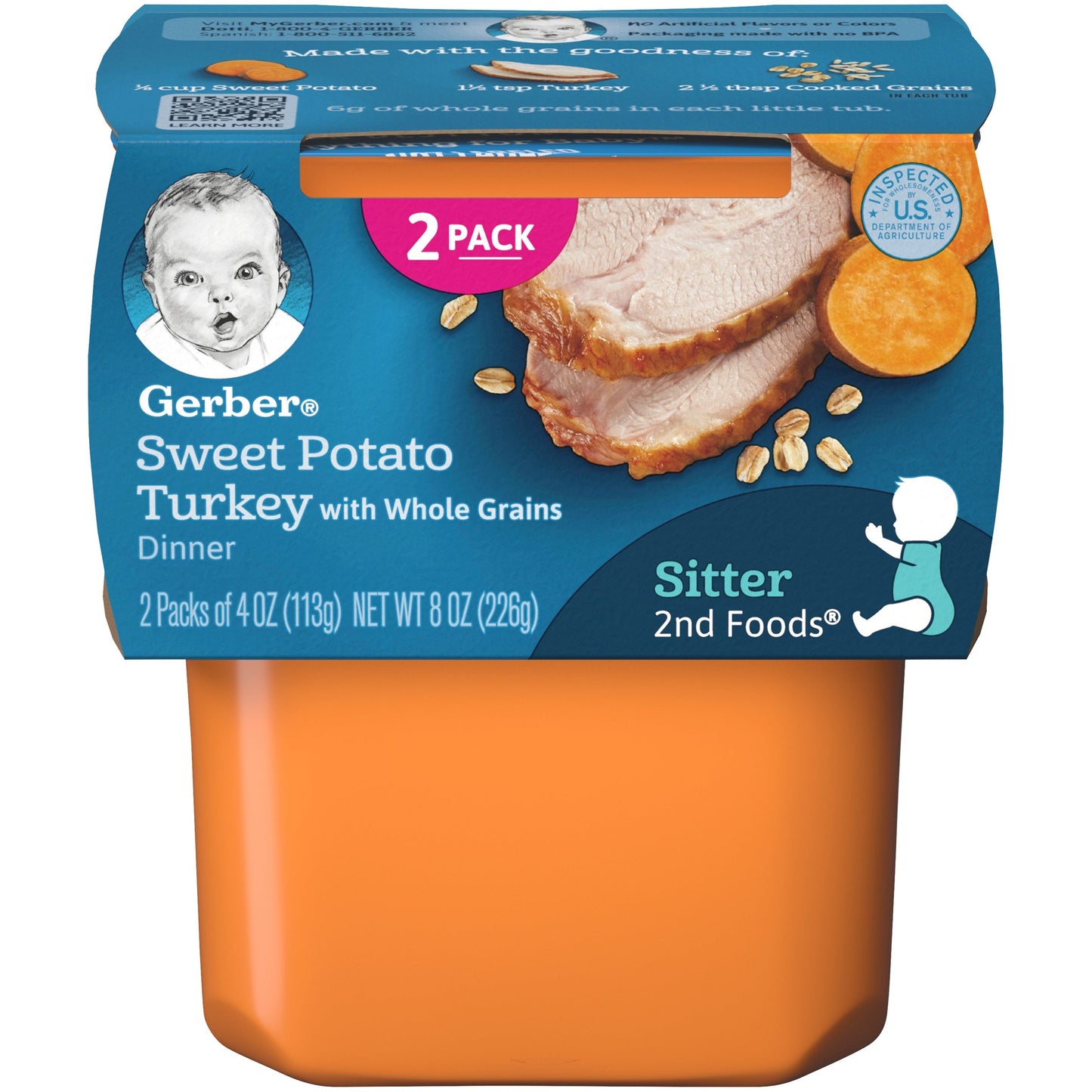 Gerber 2Nd Foods Sweet Potato Turkey With Whole Grains Puree Baby Food Tub; 2X 4 Oz Tubs; 8 Ounce; 8 Per Case