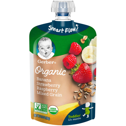 Gerber Organic Non-Gmo Banana Strawberry Raspberry Mixed Grain Puree Toddler Food Pouch; 3.5 Ounce; 6 Per Box; 2 Per Case