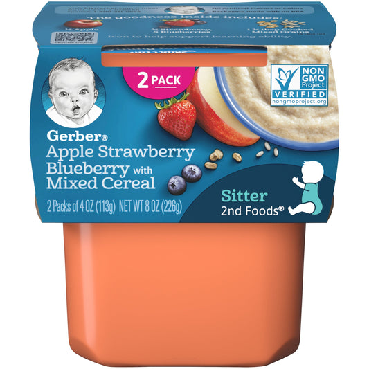 Gerber 2Nd Foods Non-Gmo Apple Strawberry Berry With Mixed Cereal Puree Baby Food Tub; 2X 4 Oz Tubs; 8 Ounce; 8 Per Case