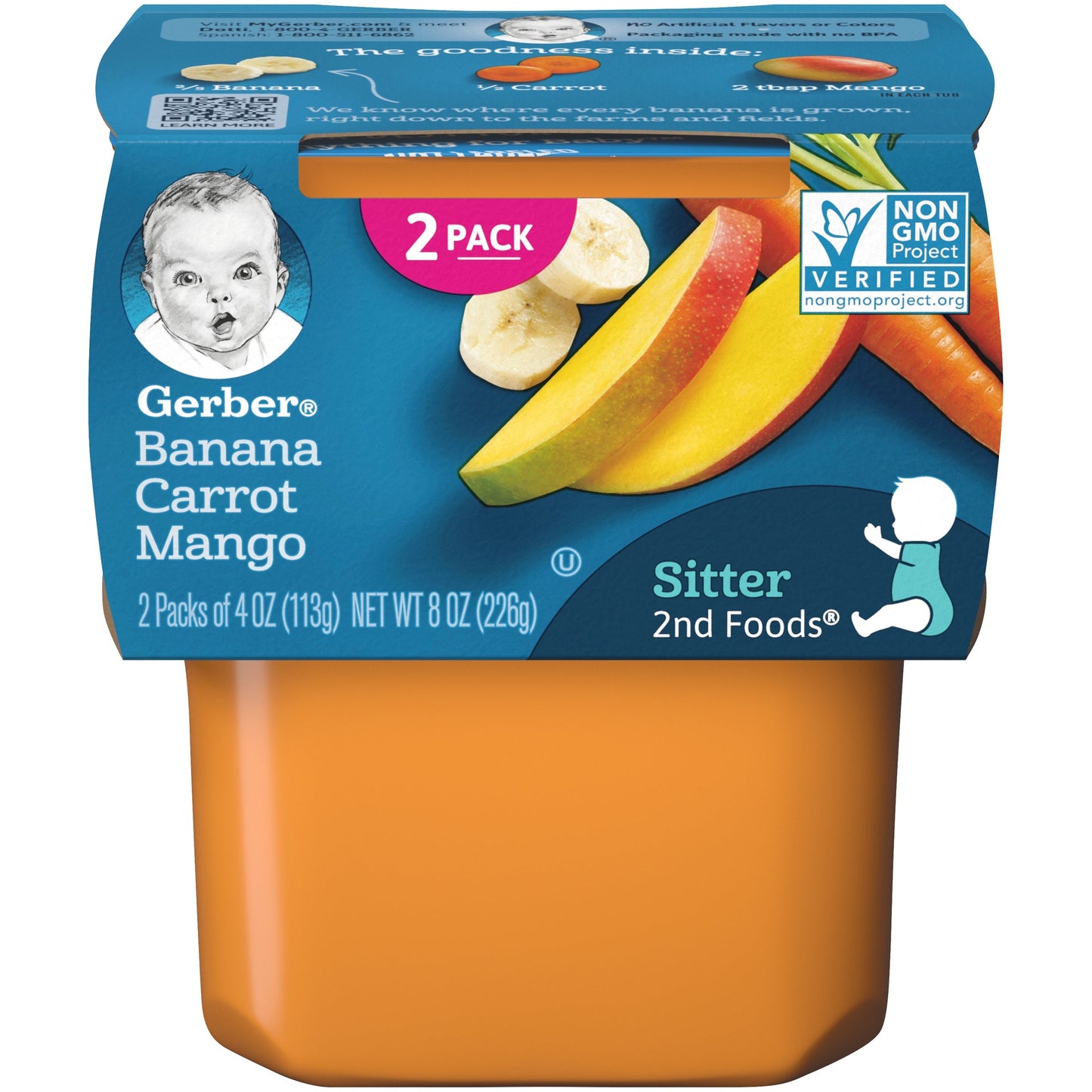 Gerber Non-Gmo Banana Carrot Mango Puree Baby Food Tub; 2X 4 Oz Tubs; 8 Ounce; 8 Per Case