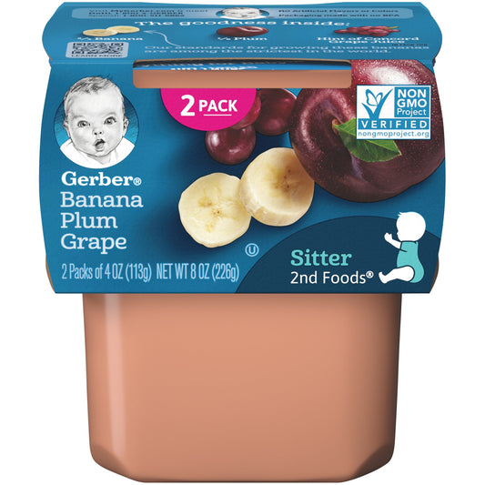 Gerber Natural For Baby Non-Gmo Banana Plum Grape Puree Baby Food Tub; 2X 4 Oz Tubs; 8 Ounce; 8 Per Case