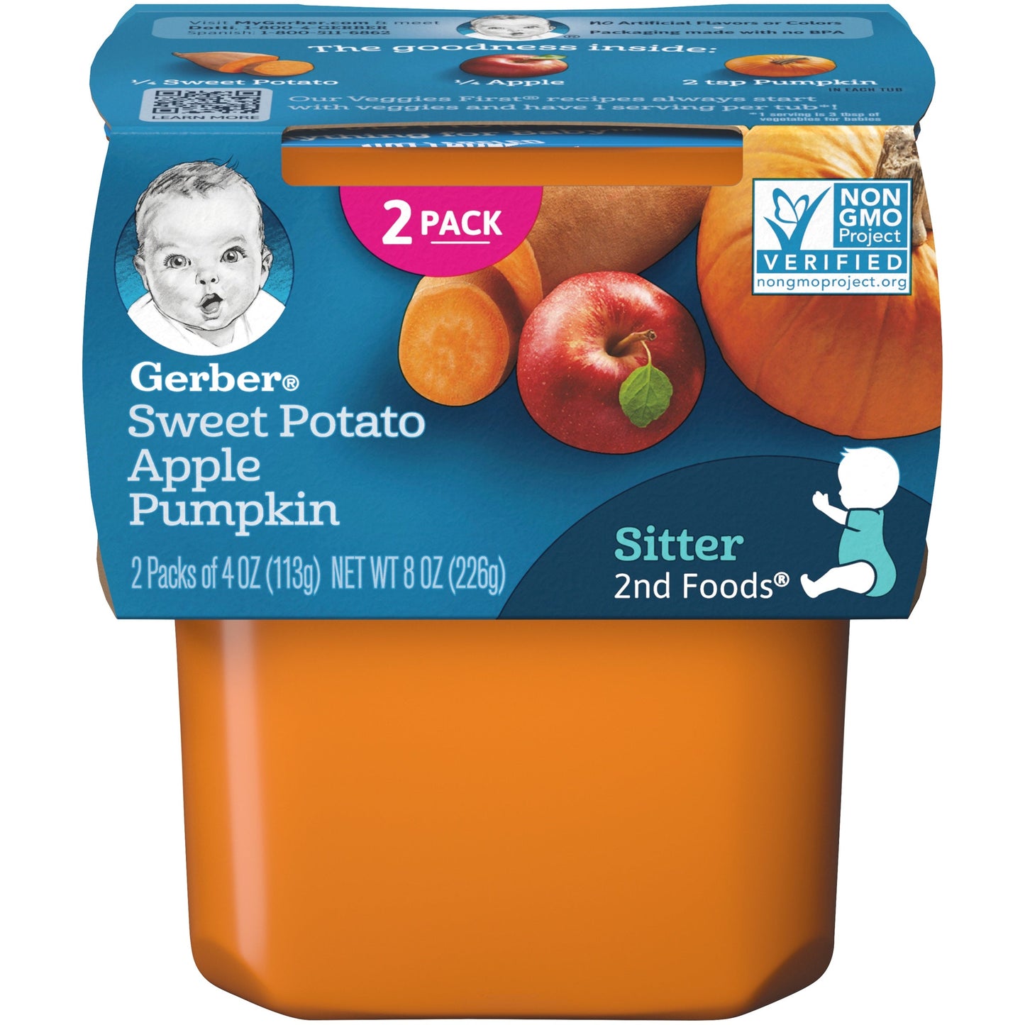 Gerber 2Nd Foods Non-Gmo Sweet Potato Apple Pumpkin Puree Baby Food Tub; 2X 4 Oz Tubs; 8 Ounce; 8 Per Case