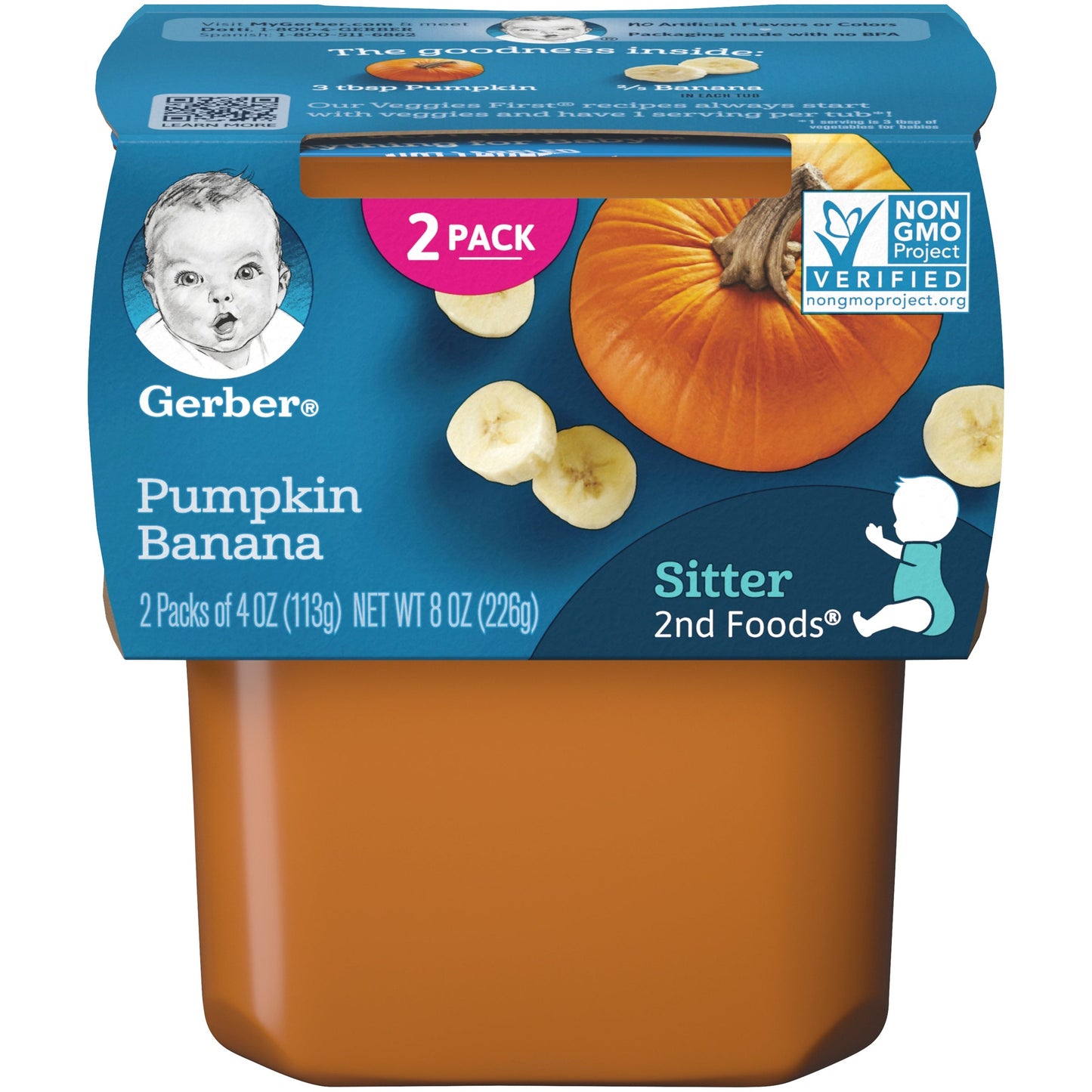 Gerber 2Nd Foods Non-Gmo Pumpkin Banana Puree Baby Food Tub; 2X 4 Oz Tubs; 8 Ounce; 8 Per Case