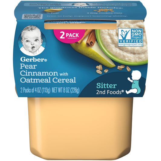 Gerber 2Nd Foods Non-Gmo Pear Cinnamon With Oatmeal Cereal Puree Baby Food Tub; 2X 4 Oz Tubs; 8 Ounce; 8 Per Case