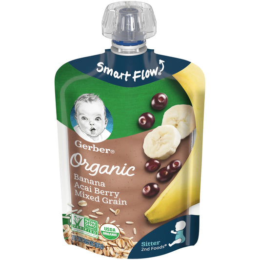 Gerber Organic Non-Gmo Banana Acai Berry Mixed Grain Puree Baby Food Pouch; 3.5 Ounce; 6 Per Box; 2 Per Case