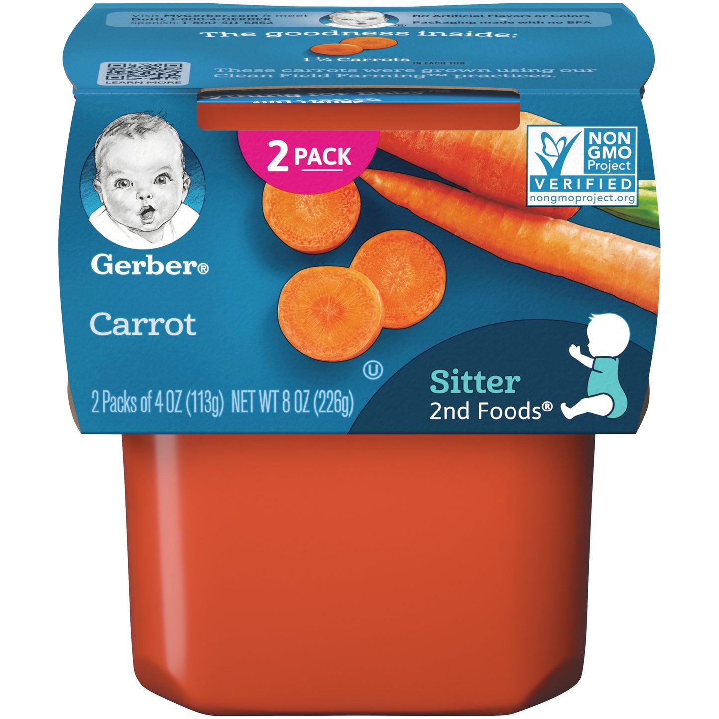 Gerber 2Nd Foods Non-Gmo Carrot Puree Baby Food Tub; 2X 4 Oz Tubs; 8 Ounce; 8 Per Case