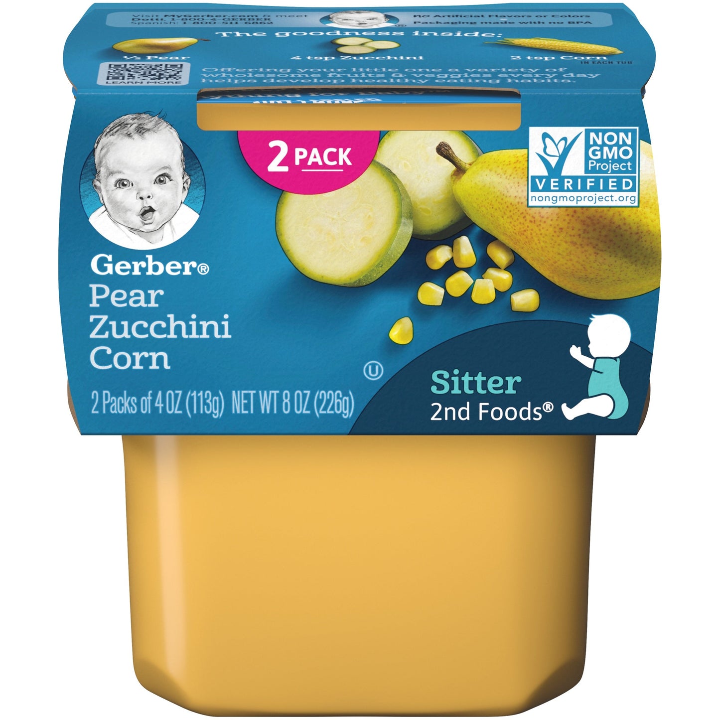 Gerber Non-Gmo Pear Zucchini Corn Puree Baby Food Tub; 2X 4 Oz Tubs; 8 Ounce; 8 Per Case