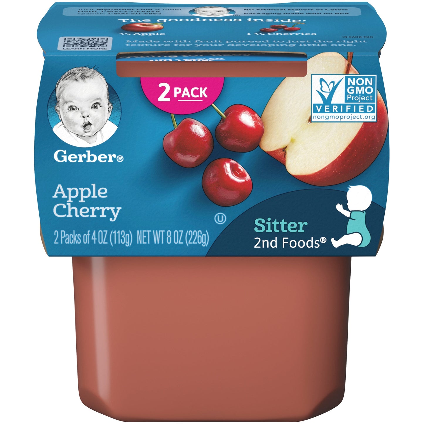 Gerber 2Nd Foods Non-Gmo Apple Cherry Puree Baby Food Tub; 2X 4 Oz Tubs; 8 Ounce; 8 Per Case