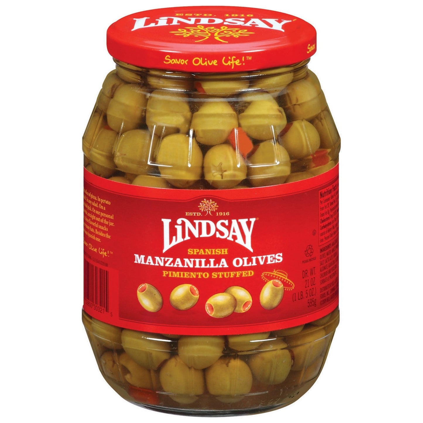 Lindsay Manzanilla With Pimento Imported Olives Jar; 21 Ounce; 6 Per Case - High Mart Wholesale