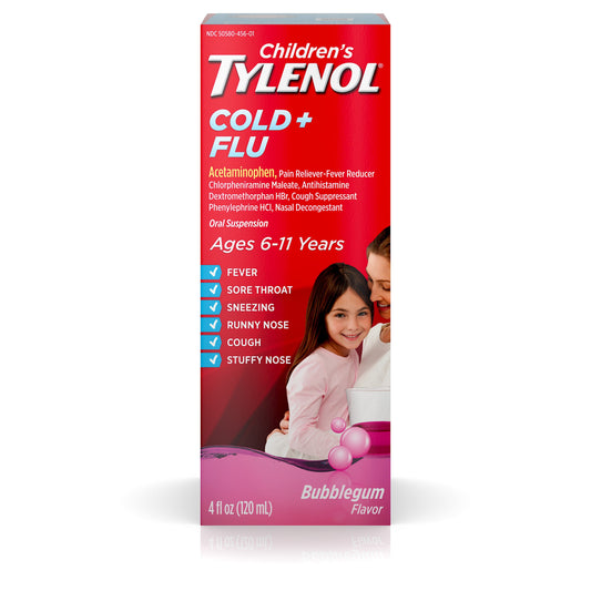 Tylenol Children's Cold & Flu Bubblegum Suspension Acetaminophen; 4 Fluid Ounces; 3 Per Box; 12 Per Case