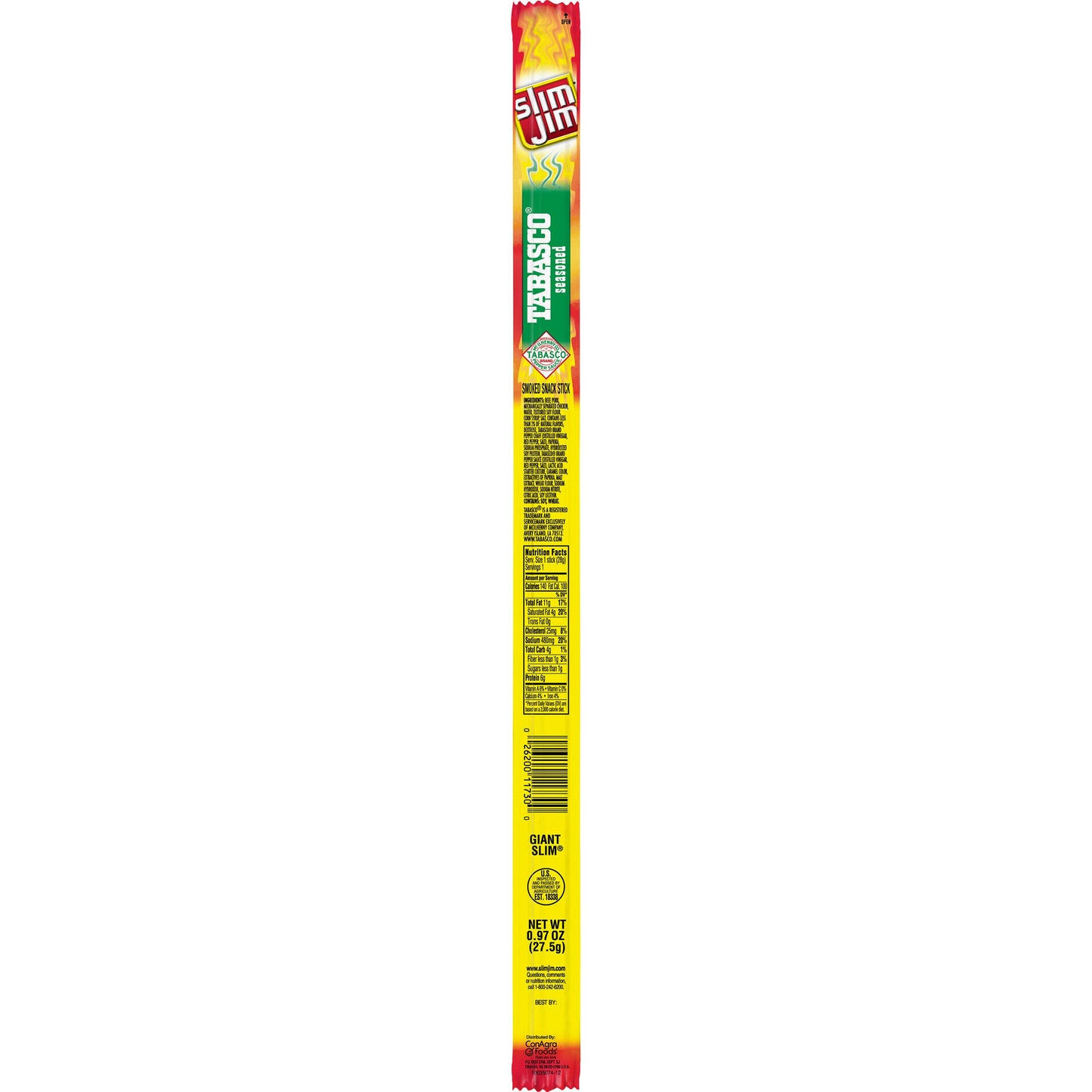 Slim Jim Giant Tabasco Snack Sticks; 0.97 Ounces; 24 Per Box; 6 Per Case
