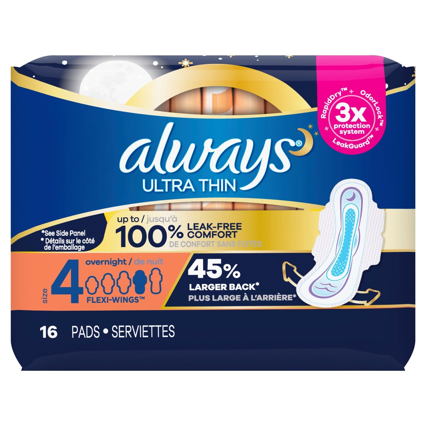 Always Ultra Thin Pads Overnight Wing; 16 Count; 6 Per Case