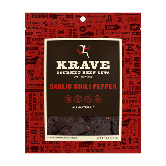 Krave Gourmet Garlic Chili Pepper Beef Cuts; 2.7 Ounces; 8 Per Case - High Mart Wholesale