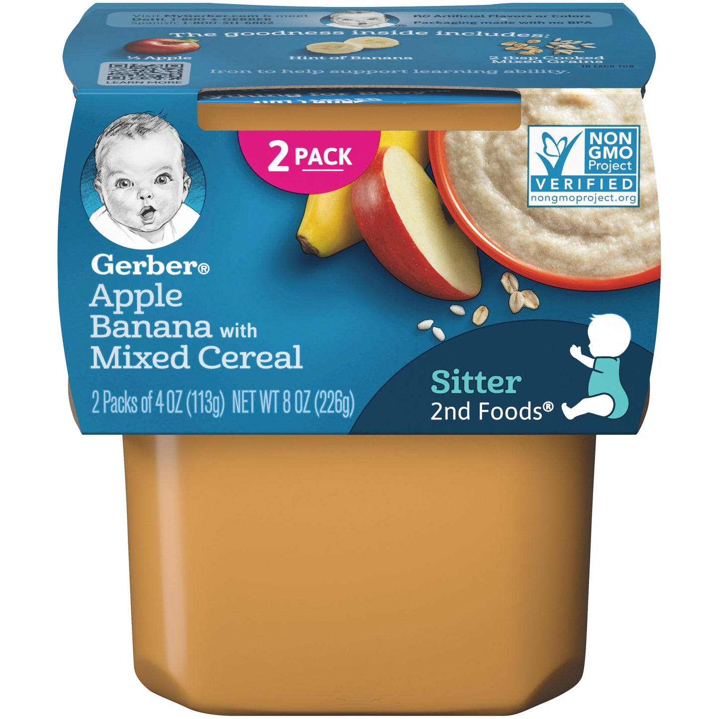 Gerber 2Nd Foods Non-Gmo Apple Banana With Mixed Cereal Puree Baby Food Tub; 2X 4 Oz Tubs; 8 Ounce; 8 Per Case