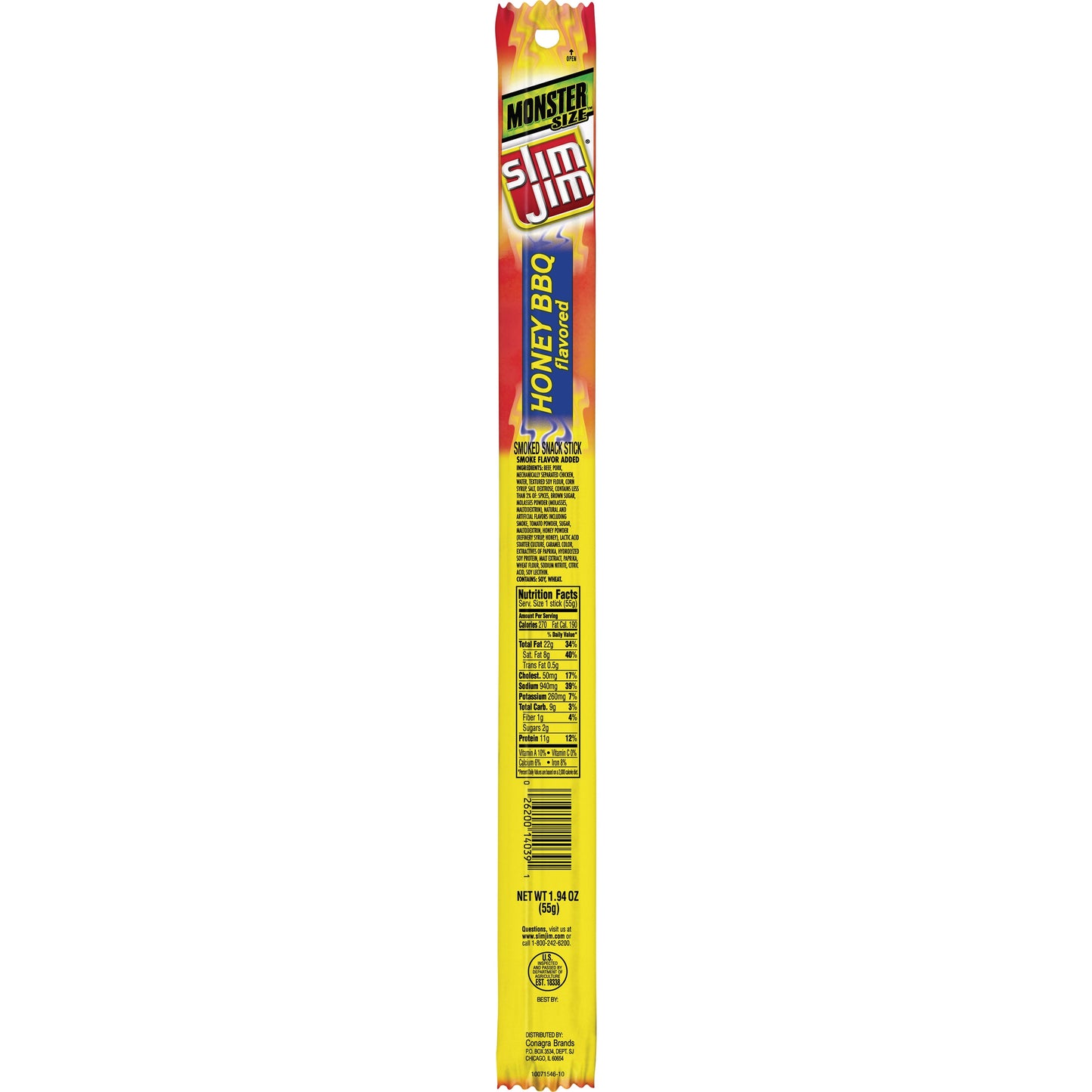 Slim Jim Monster Honey Barbecue Flavored Smoked Meat Snack Sticks; 1.94 Ounces; 18 Per Box; 6 Per Case
