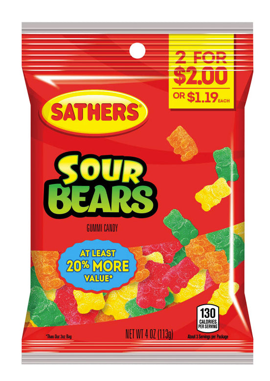 Sathers Sour Gummi Bears $2.00 Pre-Priced; 4 Ounce; 12 Per Case - High Mart Wholesale