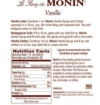 Monin Premium Vanilla Syrup; 1 Liter; 4 Per Case - High Mart Wholesale