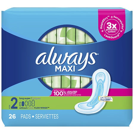 Always Maxi Pads Long Non-Wing; 26 Count; 6 Per Case