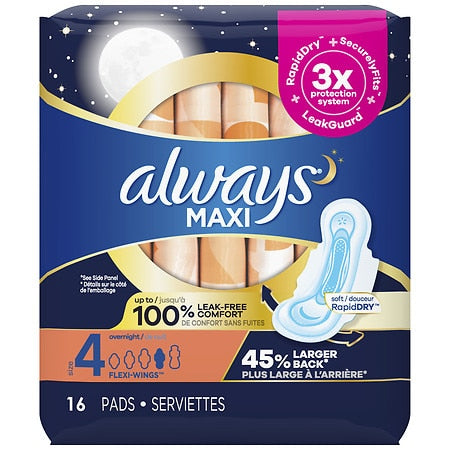 Always Maxi Pads Overnight Wing; 16 Count; 12 Per Case