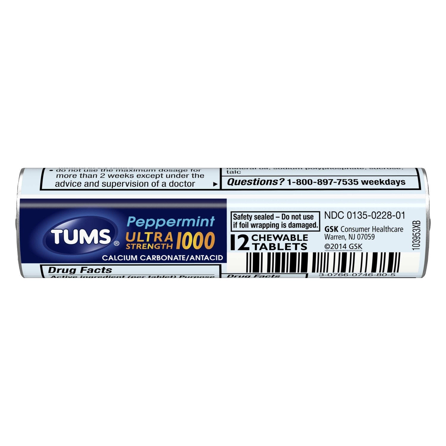 Tums Ultra Strength Peppermint Antacid Chewable Tablets; 12 Each; 12 Per Box; 24 Per Case - High Mart Wholesale