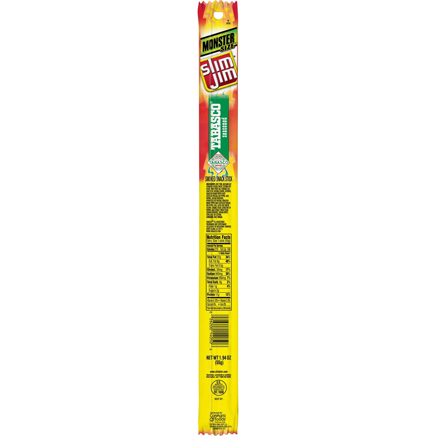 Slim Jim Monster Tabasco Flavored Smoked Meat Snack Sticks; 1.94 Ounces; 18 Per Box; 6 Per Case