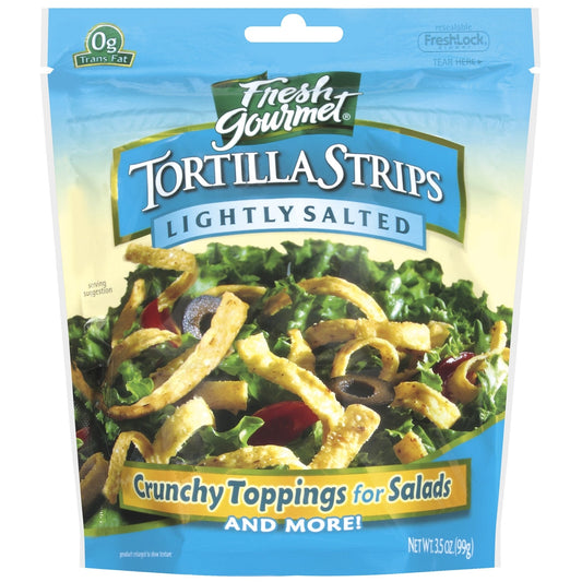 Fresh Gourmet Lightly Salted Tortilla Strips Salad Topping Bag; 3.5 Ounce; 9 Per Case - High Mart Wholesale