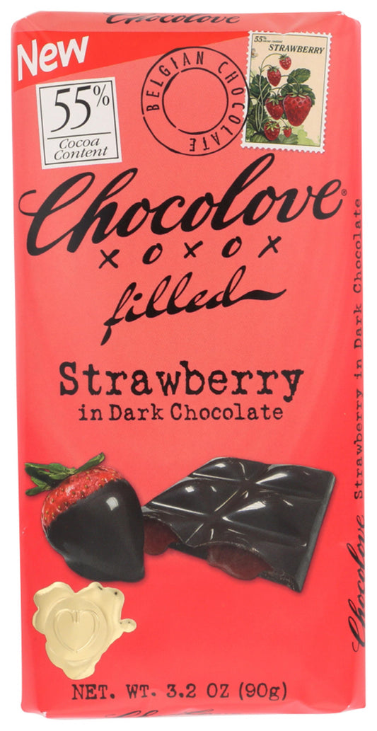 Chocolove Strawberry Dark Chocolate; 3.2 Ounces; 10 Per Box; 12 Per Case - High Mart Wholesale