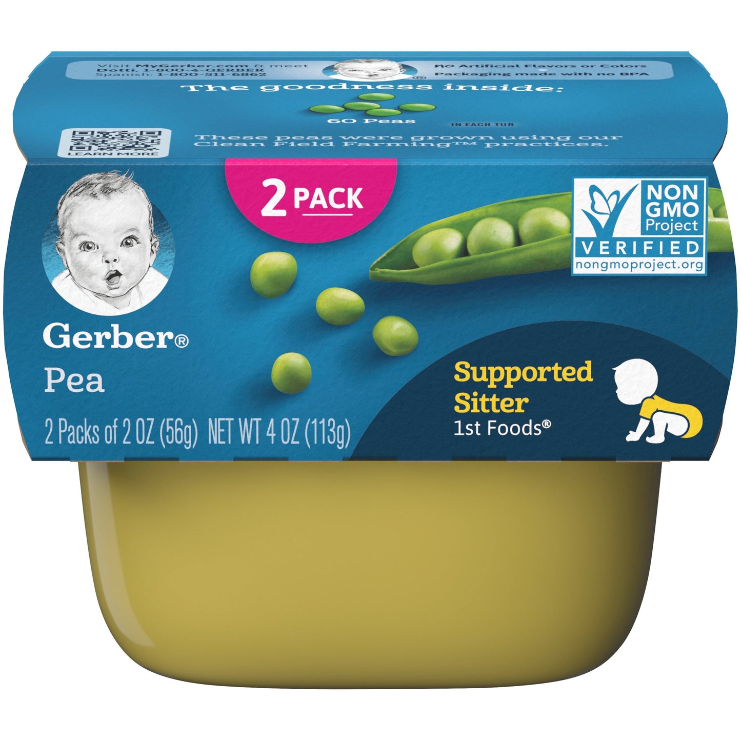 Gerber 1St Foods Natural For Baby Non-Gmo Pea Puree Baby Food Tub; 2X 2 Oz Tubs; 4 Ounce; 4 Per Box; 2 Per Case